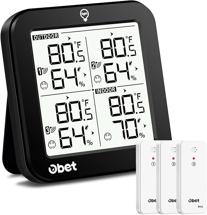 OBET Indoor Outdoor Thermometer Wireless with 3 Sensors Weather Station Temperature Humidity Monitor 500ft Range and Adjustable Backlight and Min Max Data Black
