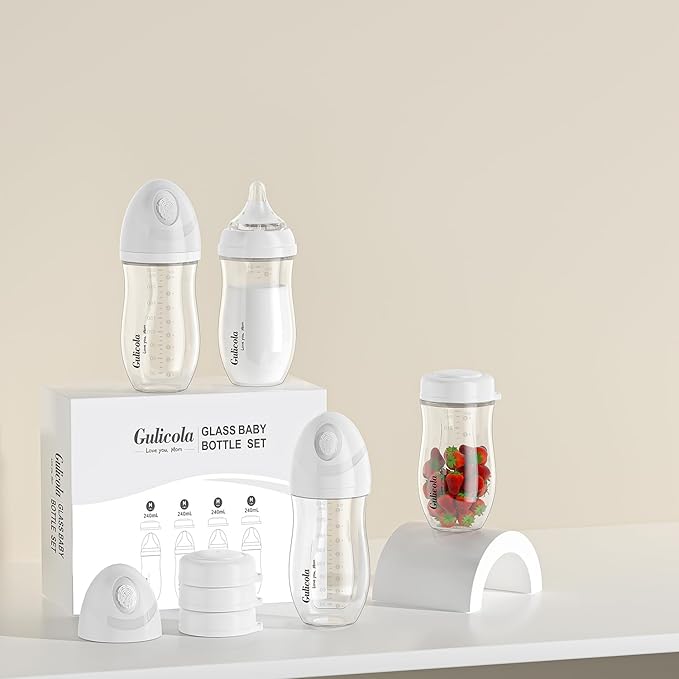 Gulicola Natural Glass Baby Bottle 8 oz for Breastfed Babies, Anti-Colic Baby Bottle Set with Medium Flow Nipple, 3 Months +, 4 Pack - White