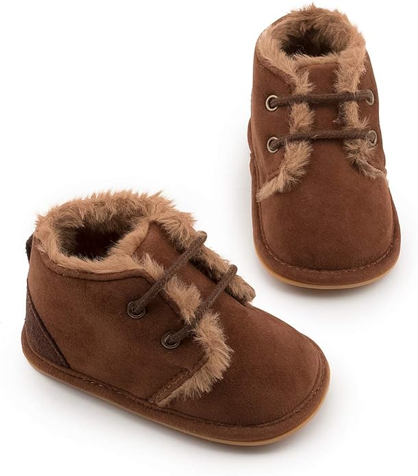 Baby Unisex Warm Snow Boots Newborn Leather Fur Lace Up Ankle Anti-Slip Rubber Texture Sole Toddler Prewalker Winter Crib Shoes