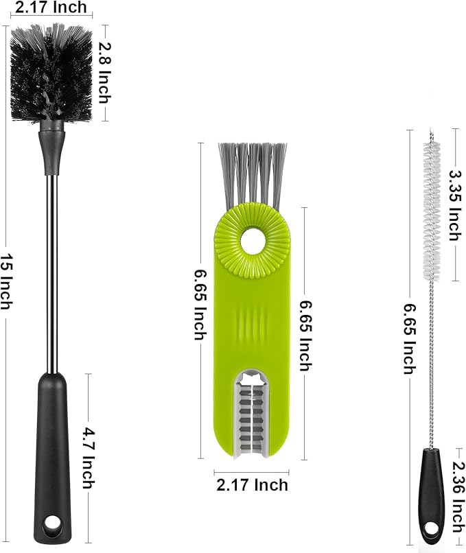 [3 Pack] Bottle Brush, 15 Inches Stainless Steel Long Handle Baby Bottle Scrub Cleaning Brushes with Straw & Lid Brushes for Sports Water Bottle, Cups, Coffee Mugs, Glasswares
