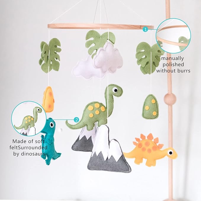 Dinosaur Baby Crib Mobile, Dino Baby Mobile, Neutral Nursery Mobile Decoration for Pack N Play, for Baby Boy & Girl