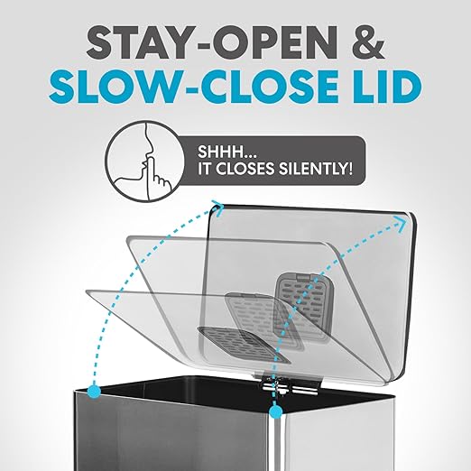 SIMPLI-MAGIC 50 Liter / 13.2 Gallon Soft-Close, Smudge Resistant Trash Can with Foot Pedal and Built in Filter- Stainless Steel, Sleek Finish