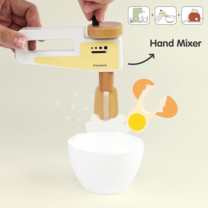 3-in-1 Wooden Café Playset Bundle – Pretend-Play Coffee Maker, Hand Mixer & Pop-Up Toaster with Accessories for Toddlers 3+