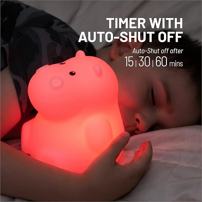 Lumipets Remote Control Silicone Night Light for Kids - Hippo Design with 9 Soft Colors & Sleep Timer - Rechargeable, Battery-Operated Lamp for Bedroom | Baby Nursery, Toddler, Girls, Boys