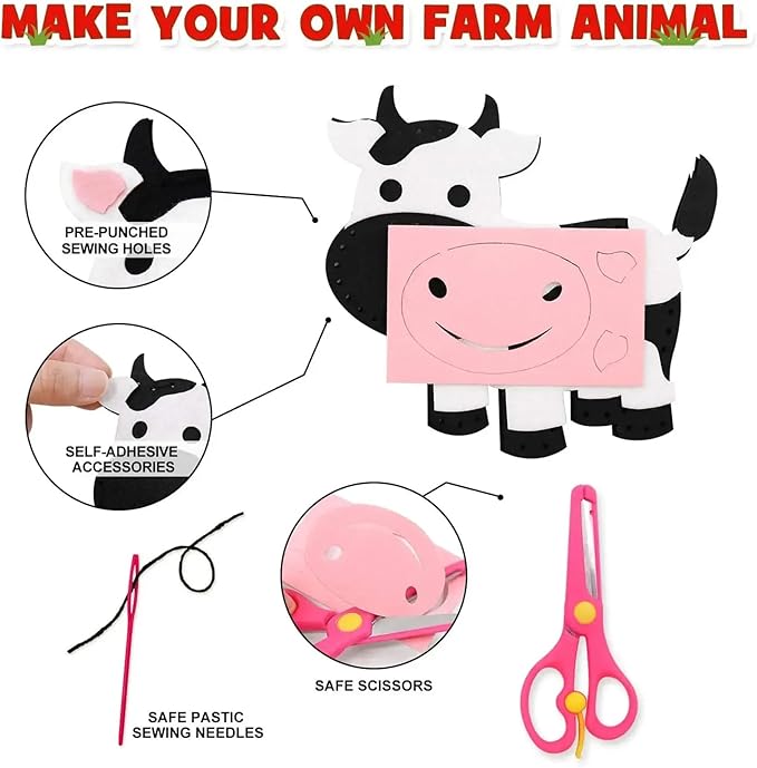 FYXGZZH Kids Beginner Sewing Kit – DIY Stuffed Craft Set with Pre-Cut Felt, Plastic Needle & Embroidery Thread, Educational Arts & Crafts for Boys & Girls Ages 6-12, Farm