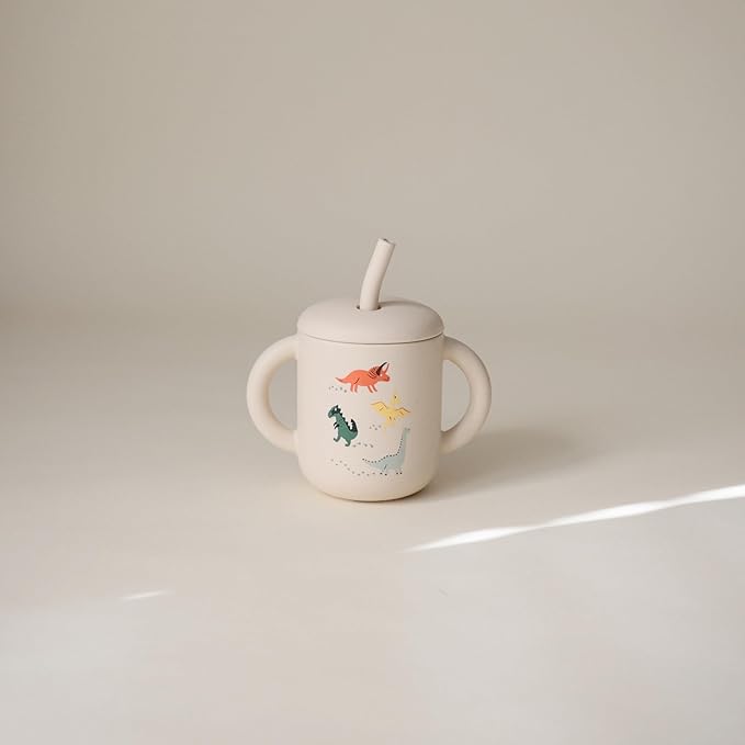 mushie 100% Silicone Training Cup & Straw for Toddlers | 6 Months+ (Dinosaurs)