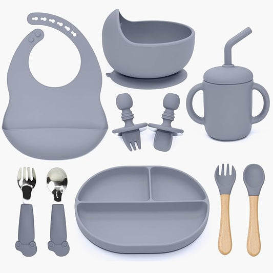 Silicone Baby Feeding Set - 10PCS Suction Baby Bowl and Divided Toddler Plates Adjustable Bib Cup Spoons Forks -Baby Led Weaning Supplies, Baby Utensils Eating Essential Set for 6+ Months