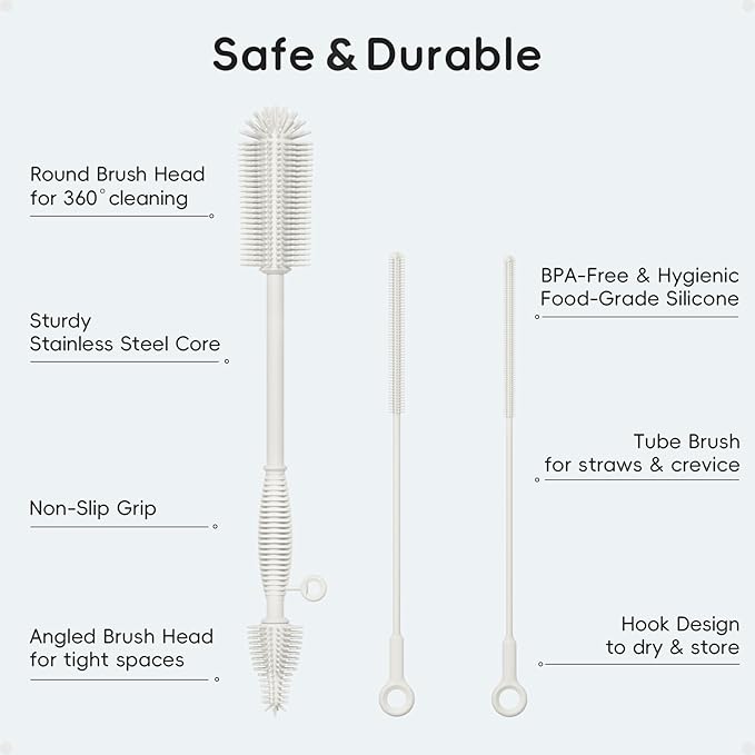 Silicone Cleaning Brush Kit,Water Bottle and Straw Cleaner Brush Set for Tumbler,Baby Bottle,Breast Pump Part,Nipple,Sippy Cup,Glass,Dishwasher Safe,BPA Free,3 Pcs