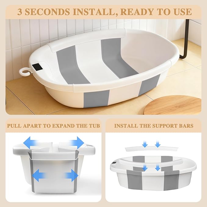 Baby Bathtub, Baby Bath Tub with Thermometer & Soft Cushion, Collapsible Infant Bathtub for Newborn to Toddler 0-36 Months, Quick Use & Portable for Travel(Grey)
