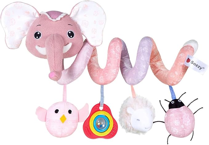 Jollybaby Crib Stroller Car Seat Toys for Baby 0-3-6-9-12 Months, Tummy Time Hanging Sensory Toys for Newborn with Music Box and Teether, Spiral Carseat Toy for Boys Girls Gifts (11-Sz Pink Elephant)
