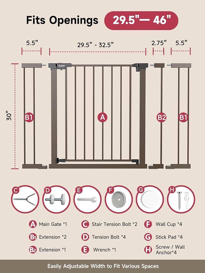 Baby Gate for Stairs, 30'' Tall 29.5-46" Extra Wide Dog Gate for Stairs Walk Thru Auto Close Metal Pet Gate for The House, Stairs and Doorways Child Gate Pressure Mounted Safety Gate Indoor - Brown