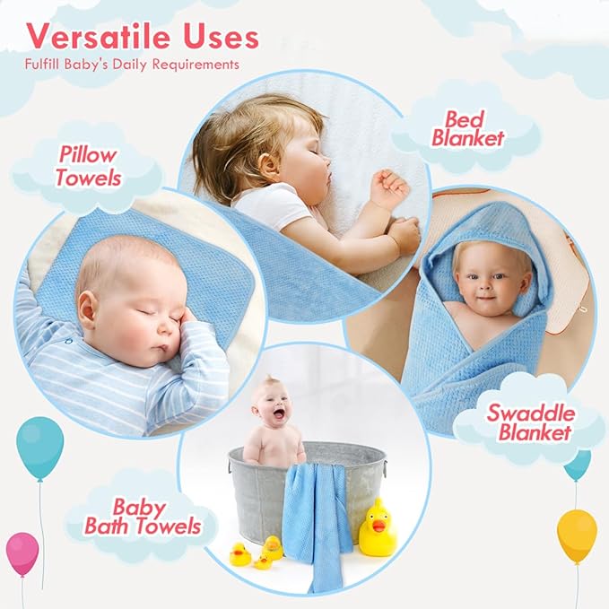 Orighty Baby Hooded Towel with Five Washcloths, 28 x 28 Inch Super Soft Bath Towel with Hood for Babies, Infant, Newborn Essential - Ideal Baby Stuff Registry for Boys and Girls (Blue)