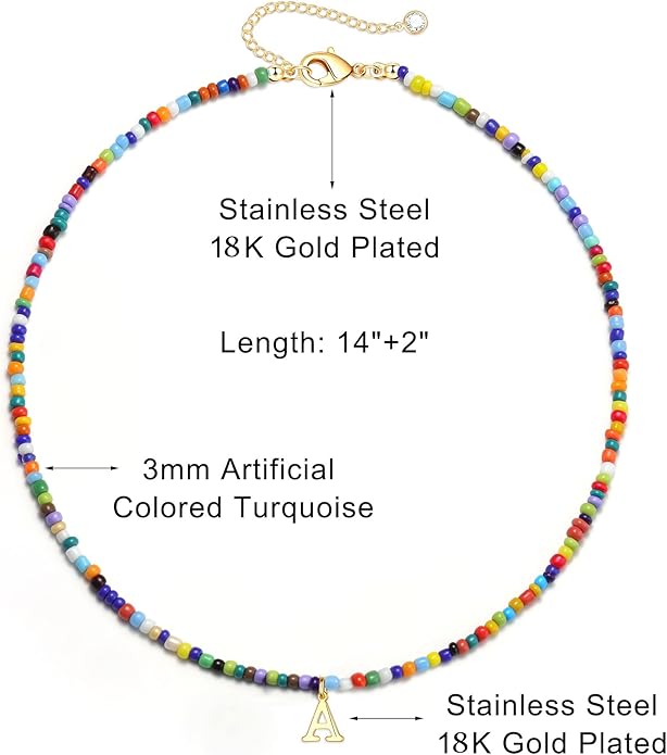 Yoosteel Christmas Gifts for Grandkids Teen Girls - Colorful Beaded Initial Necklace for Girls Kids Jewelry A-Z Letter Choker Necklace Birthday Gifts Stocking Stuffers for Teen Girl Women Kids Toddler