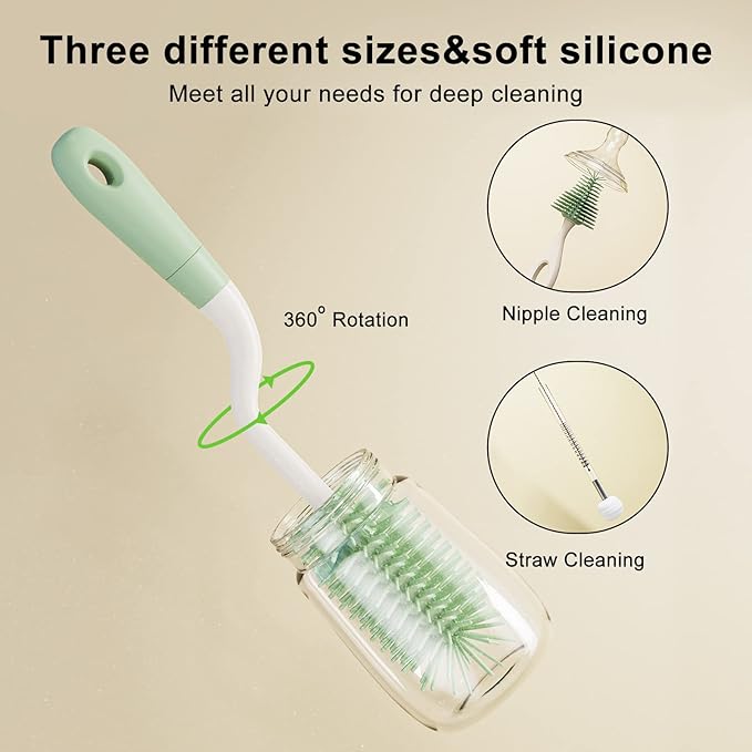 Silicone Bottle Brush Set with Stand, 360° Rotating Bottle Cleaning Brush Cleaner Set, Long Handle 3 in 1 Multipurpose Silicone Baby Bottle Straw Cleaner Brush (Green)