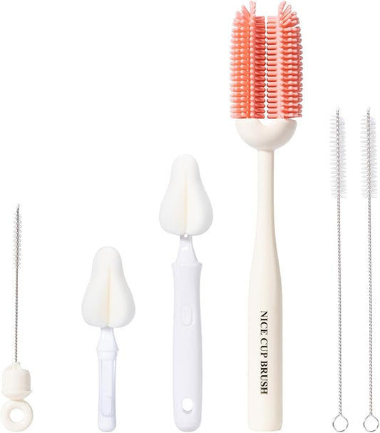 5-in-1 Baby Bottle Brush Kit, Silicone Bottle Brush for Baby Bottle and Breast Pumps, Sponge Nipple Brush with Replaceable Brush Head, Straw Brushes, Pink