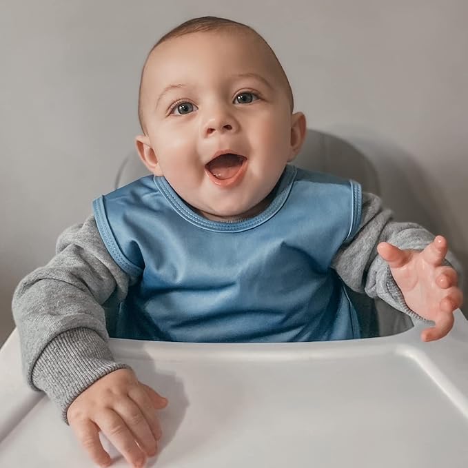 BapronBaby Minimalist Dusty Blue Bapron - No Neck Tie Safer Bib for Baby & Toddler - Soft Waterproof Stain Resistant - Machine Washable - Sz Preschool 3-5yrs