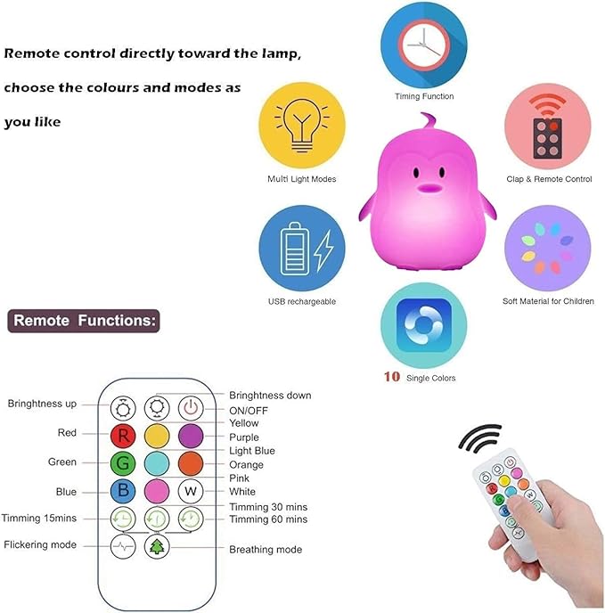 Night Light, LED Cute Silicone Lamp Bedside Lamp, Animal Light - 9 Colors Changing/USB Rechargeable/Remote Control/Dimmable Children Night Light for Kids/Bedroom/Baby Feeding - Medium Penguin