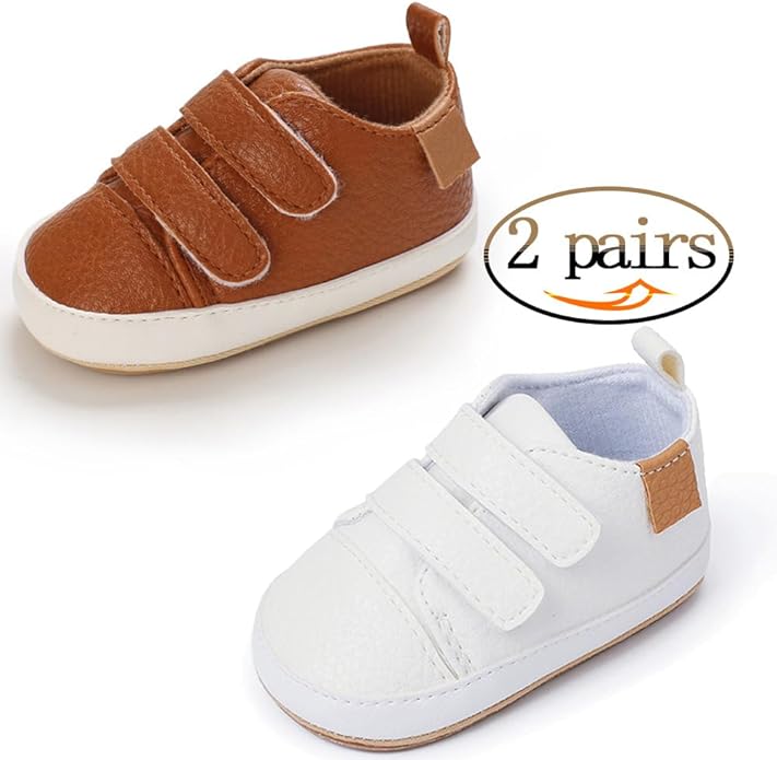 2Pairs Baby Shoes,Boys Girls Non-Slip Rubber Sole Sneakers,Unisex Infant Soft Lightweight First Walking Crib Shoes