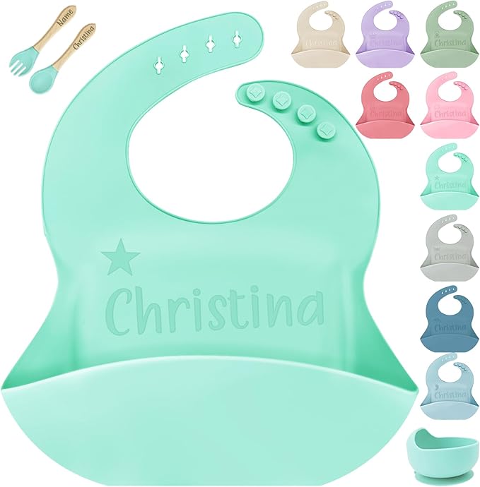 SRdrew Personalized Silicone Bibs Set Custom Engraved Name Icon Toddler Bib Durable Adjustable for Boy Girl