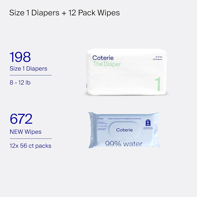 Coterie Baby Wipes + Diapers Kit, Size 1 Diapers (198 Count) & 12 Pack (672 Count) Baby Wipes with 99% Water, Plant Based Materials, Hypoallergenic for Sensitive Skin
