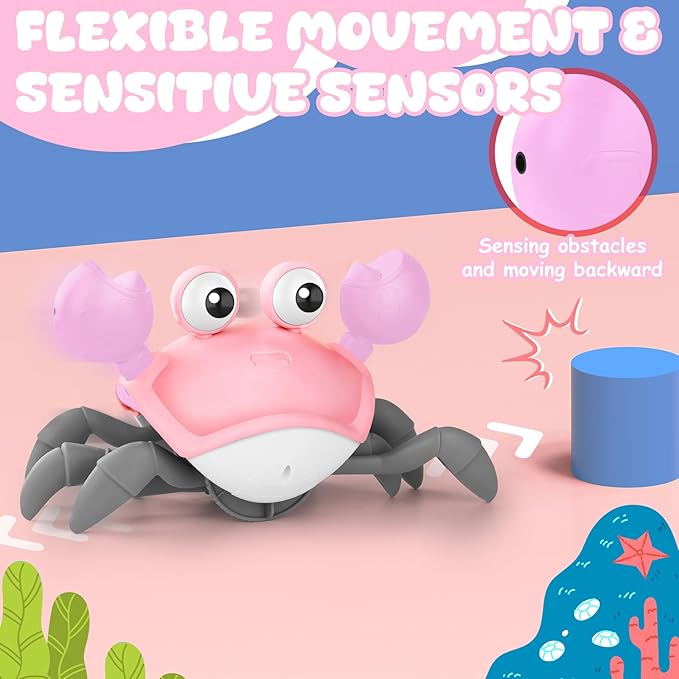Crawling Crab Baby Toy, Tummy Time Girl Gifts for Babies 3-6 6-12 Month, Light-Up Walking Dancing Moving Crab with Music & Obstacle Avoidance, Rechargeable Musical Toys 1 Year Old Girls Gift (Pink)