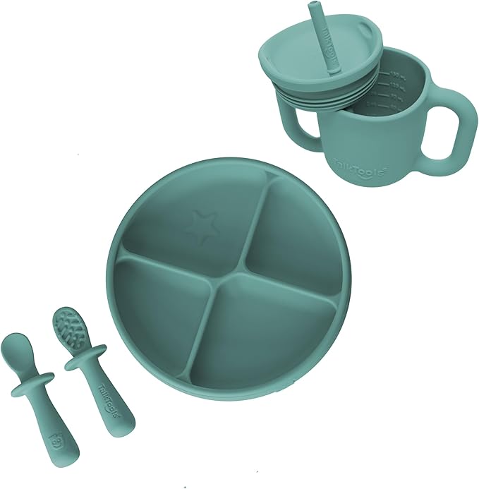 TalkTools ITSY Silicone Baby Plates Set with Suction – Feeding Essentials for Toddlers 6–12 Months+ | BLW Mealtime Set with Twin Spoon, Spill-Proof Sippy Cup | Self-Feeding Utensils (Sage)