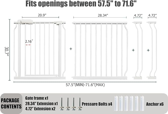 Extra Wide Baby Gate Tension Indoor Safety Gates White Metal Large Pressure Mounted Pet Walk Through Long Dog for The House Doorways Stairs (66.9 inches-71.6 inches, White) (Th-0001)