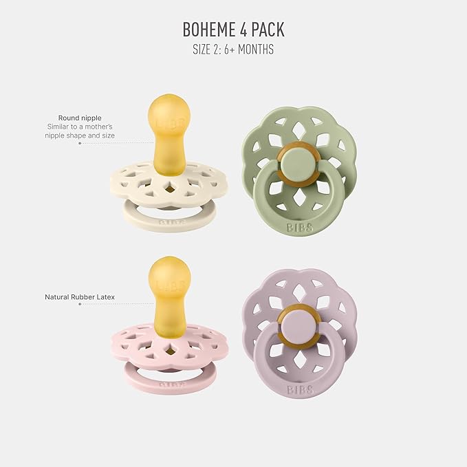 BIBS Boheme Soother 4-Pack | BPA Free Dummy Pacifier Round Nipple | Natural Rubber Latex | Made in Denmark | Size 6-18 Months | Dusky Lilac Mix