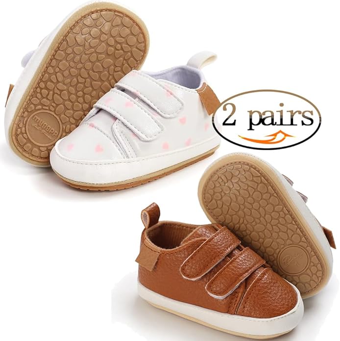 2Pairs Baby Shoes,Boys Girls Non-Slip Rubber Sole Sneakers,Unisex Infant Soft Lightweight First Walking Crib Shoes