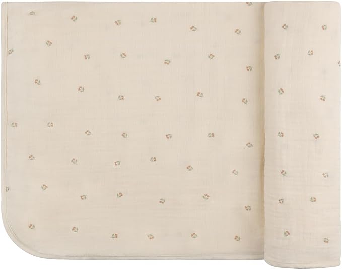 Ely's & Co. Cotton Muslin Swaddle Blanket with Scallop Trim, 1-Pack for Baby Girl— 100% Cotton Muslin Extra-Large Swaddle Blankets (47” x 47”) Ivory Tulip