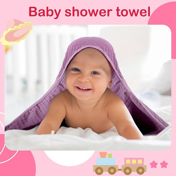 Peryiter 6 Pcs Muslin Hooded Baby Towels, 32"x 32" Cotton Newborn Bath Towel Muslin Infant Baby Blankets Absorbent Unisex Newborn Registry Gift Essentials for Girls Boys (Purple)