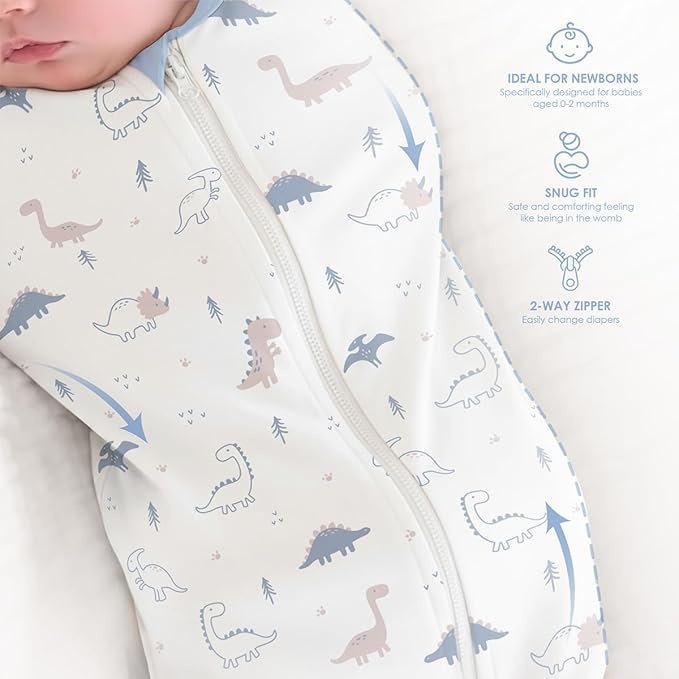 SANDJEST Baby Swaddle 0-2 Months, Cotton Arm-in Zipper Sleep Sack, Wearable Blankets Wrap for Newborn Infant Boys (Dinosaur, Pack of 1)