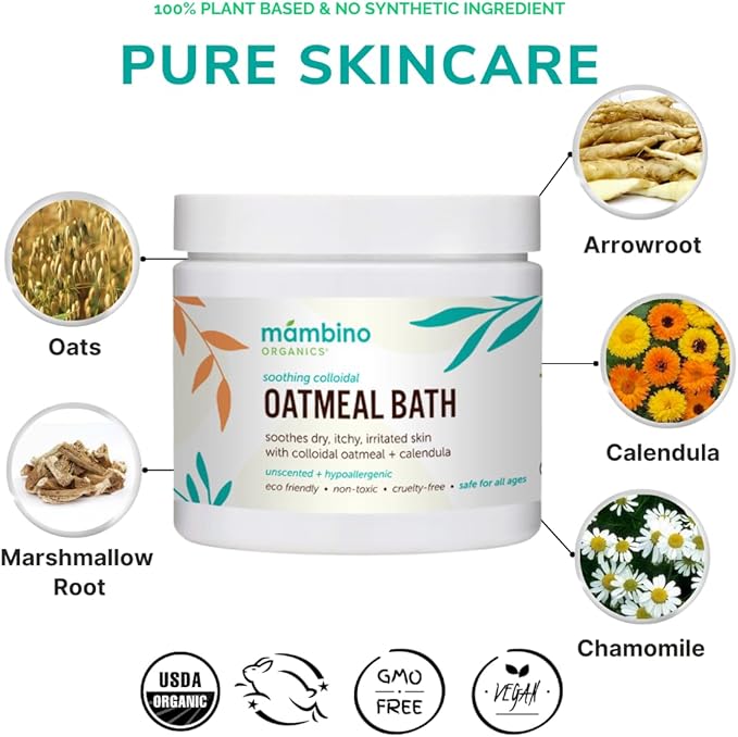 Mambino Organics Calming Skin Set, Oatmeal Bath Soak Powder & Soothing Body Oil, Fragrance-Free with Jojoba & Evening Primrose, Gentle for Babies & Adults, Ultra-Sensitive Skin, Vegan, 11 oz