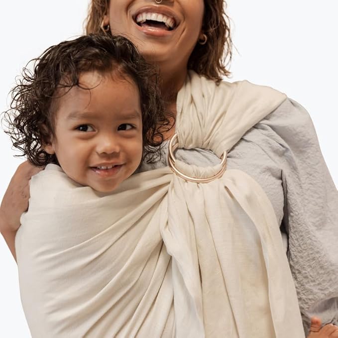 WildBird - Ring Sling Baby Carrier - Newborn to Up to 35 lbs - for Moms, Dads & Caregivers - 100% Natural European Linen Fibers - Versatile & Adjustable - 90” Size - Sparrow Fabric & Black Ring