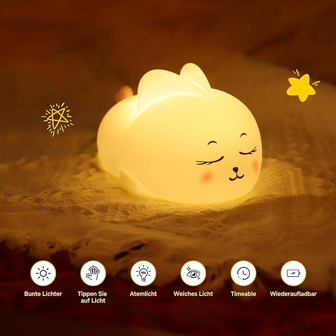 Cute Bunny for Kids Dimmable Baby Room Nightlight, Rechargeable Touch Bedside Nursing Lamp, LED Soft Silicone Novelty Animal Night Light, Halloween Bedroom Decor,Christmas Woman and Kids Gifts