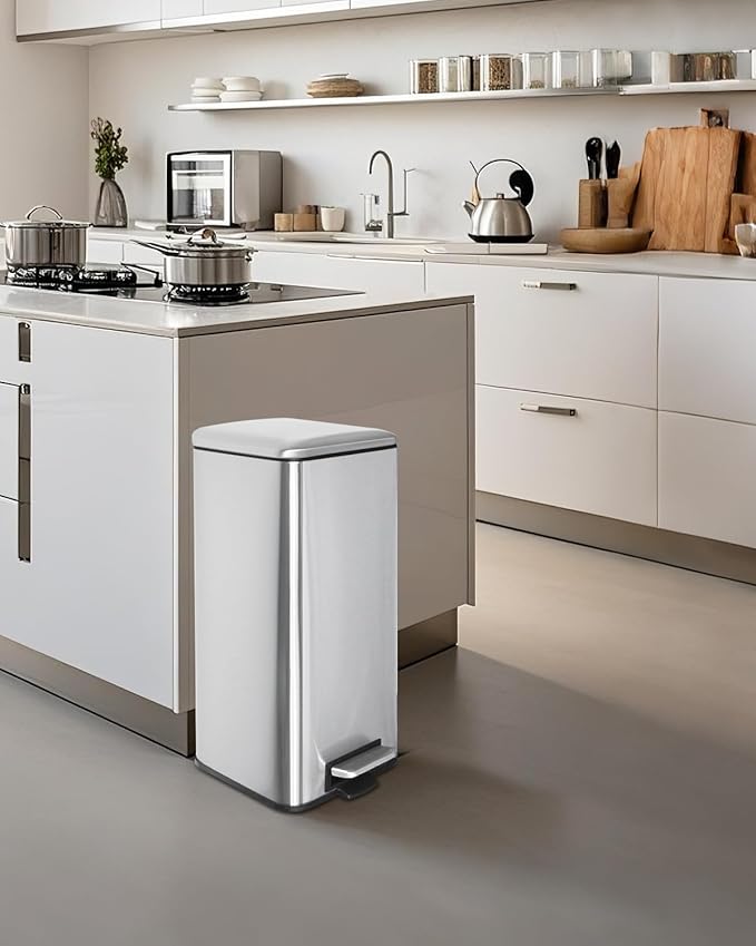 8 Gallon SquareTrash Can with Soft Close Lid, Stainless Steel Trash Can with Removal Inner Bucket, Hand -Free Trash Bin for Kitchen, Office, Laundry, Bathroom, 30 Liter Capacity, Silver