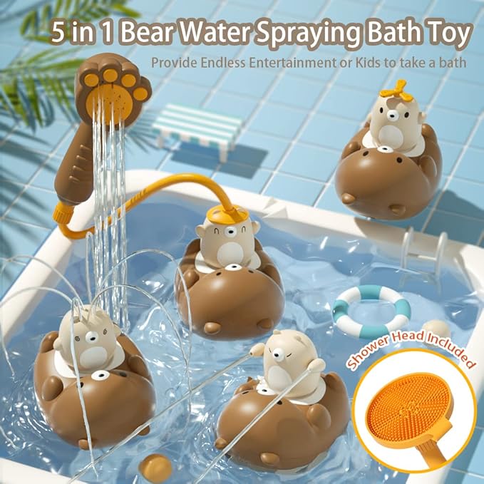 Bath Toys for Toddler 3-4 Years, 5 Modes Baby Bath Shower Sprayer for 1 2 Year Old, Bear Sprinkler Bathtub Toy with Shower Head for Boys Girls Ages 4-8 Gifts