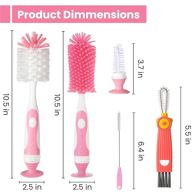 5-in-1 Baby Bottle Brush Set, Including Nylon and Silicone Bottle Brush, Cap, Straw, Nipple Brushes, BPA-Free (Pink)