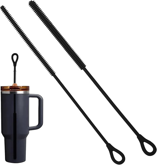 2Pcs Silicone Straw Cleaner Brush, 9.84in Reusable Straw Cleaner with Bendable Steel Core, Extra Long Soft Bottle Brush for Clearing Glass Straws, Smoothie Straws, 9mm&6mm (Black)