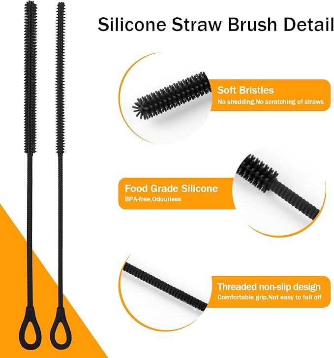 2Pcs Silicone Straw Cleaner Brush, 9.84in Reusable Straw Cleaner with Bendable Steel Core, Extra Long Soft Bottle Brush for Clearing Glass Straws, Smoothie Straws, 9mm&6mm (Black)
