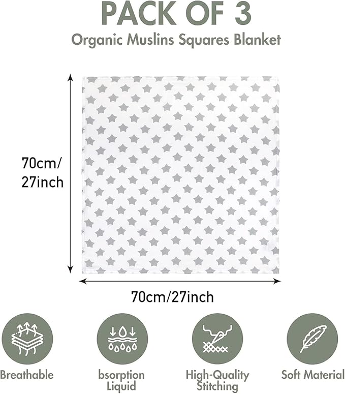 GLLQUEN BABY Receiving Blanket Boy Cotton Muslin Swaddle Blankets Girl Newborn Squares Breathable & Soft Thin Baby Blankets Cloths Double Absorbent Infant Swaddling Wrap - 3 Pack (Star)