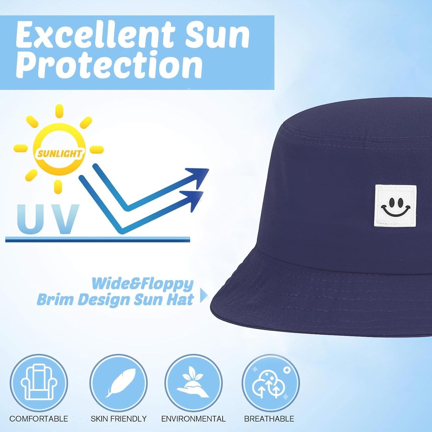 Kids Sun Hat Smile Face Bucket Hat for Girls Boys Summer Sun Protection Cotton Unisex Beach Cap