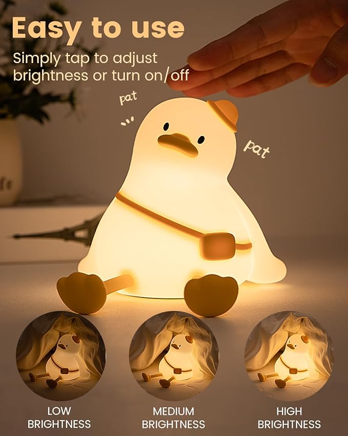Kids Night Light Duck Design, Silicone Tap Control Bedside Lamp with Time Auto-Off, Cute Portable LED Nursery Light for Baby, Toddler, Bedroom