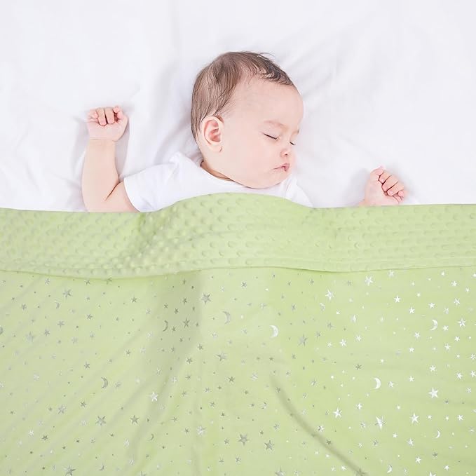 Baby Blanket for Boys Girls Soft Minky with Double Layer Dotted Backing, Star and Moon Printed 30 x 40 Inch Receiving Blanket (Green)