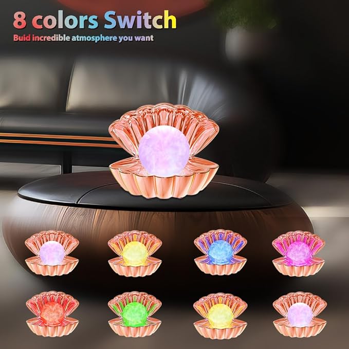 Shell Pearl Beach Themed Night Light, RGB 8 Colors Changing Mood Shell Pearl Lamps, Bedside LED Clamshell Portable Night Lights for Bar (Electroplated Rose Gold)