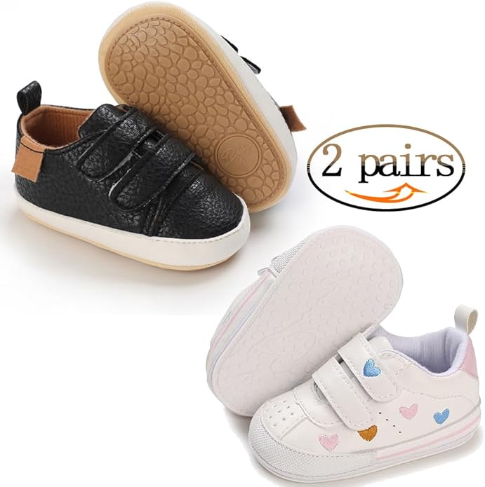 2Pairs Baby Shoes,Boys Girls Non-Slip Rubber Sole Sneakers,Unisex Infant Soft Lightweight First Walking Crib Shoes
