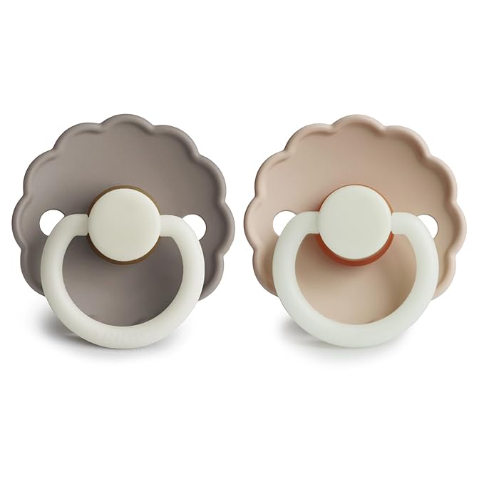 FRIGG Daisy Night Natural Rubber Baby Pacifier | Made in Denmark | BPA-Free (Portobello/Croissant, 6-18 Months) 2-Pack
