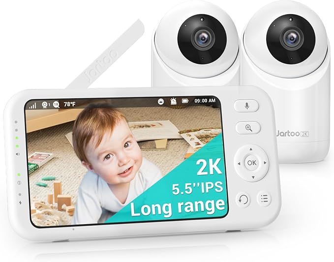 Jartoo 2K Video Baby Monitor with 2 Cameras and Audio, 1860ft Long Range Baby Monitor No WiFi, 5.5" Split Display, VOX - AI Cry Detect, ANR, IR Night Vision, 2-Way Audio, 6000mAh