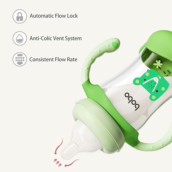 YOHKOH Natural Glass Baby Bottle with Natural Response Nipple, Wide Neck Baby Bottles with Handle, Newborn Anti-Colic Baby Bottles Gift Set, Clear (5.4oz (Pack of 4), Green)