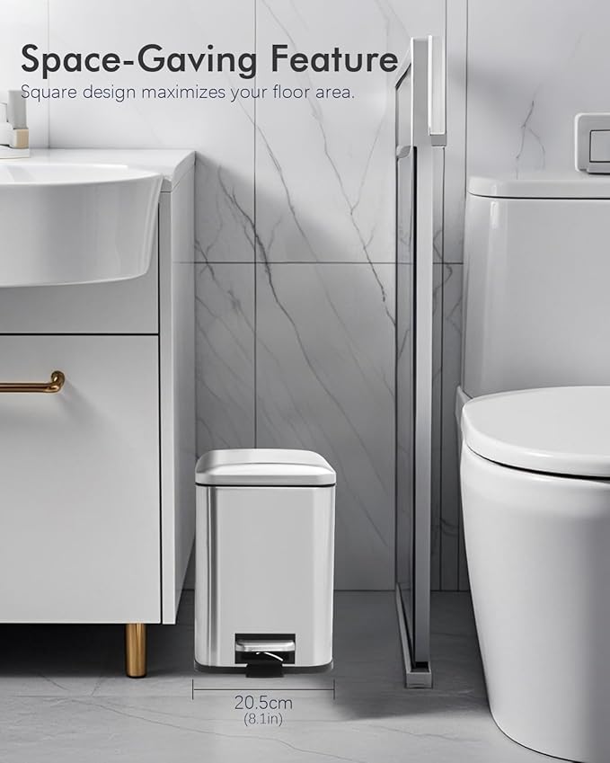 Bathroom Trash Can with Lid, 6 Liter / 1.6 Gallon Small Trash Can with Removable Liner Bucket, Soft Close lid & Step Pedal, Silver Stainless Steel Garbage Can for Bedroom, Office, Dorm